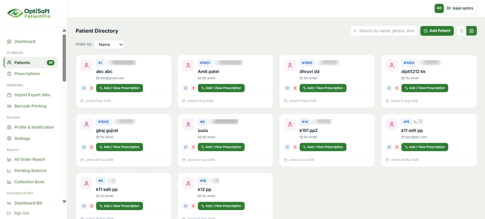 Patient Directory screen showing patient cards with an Add or View Prescription button, a search box and an Add Patient button